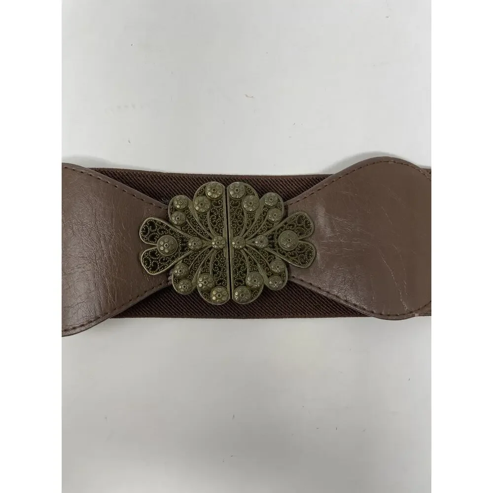 Women's Small Wide Stretch Belt‎ Boho Style Bronz Metal Leaf Clasp